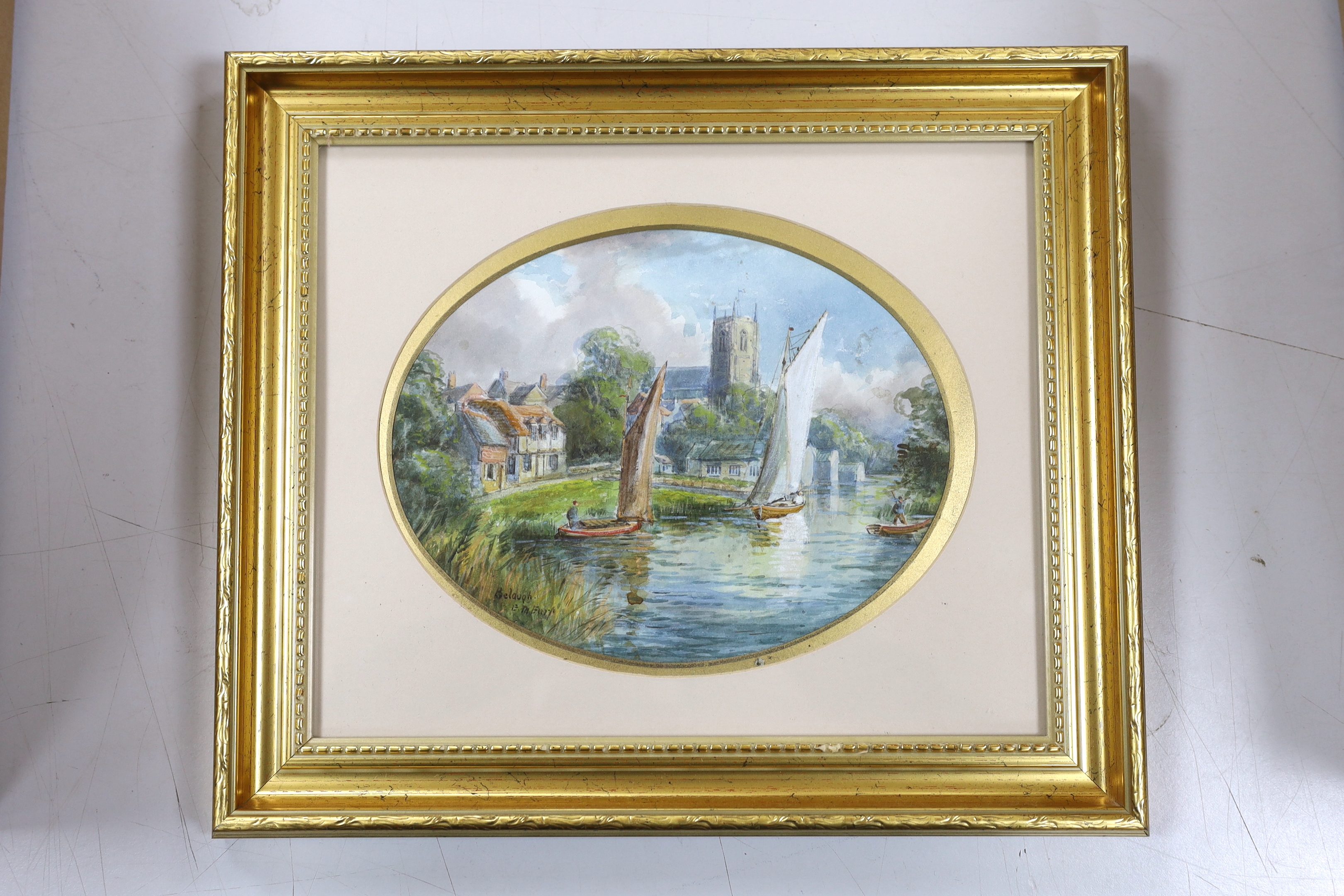 E H Earp, oval heightened watercolour, 'Belaugh', signed and inscribed, 17 x 21cm